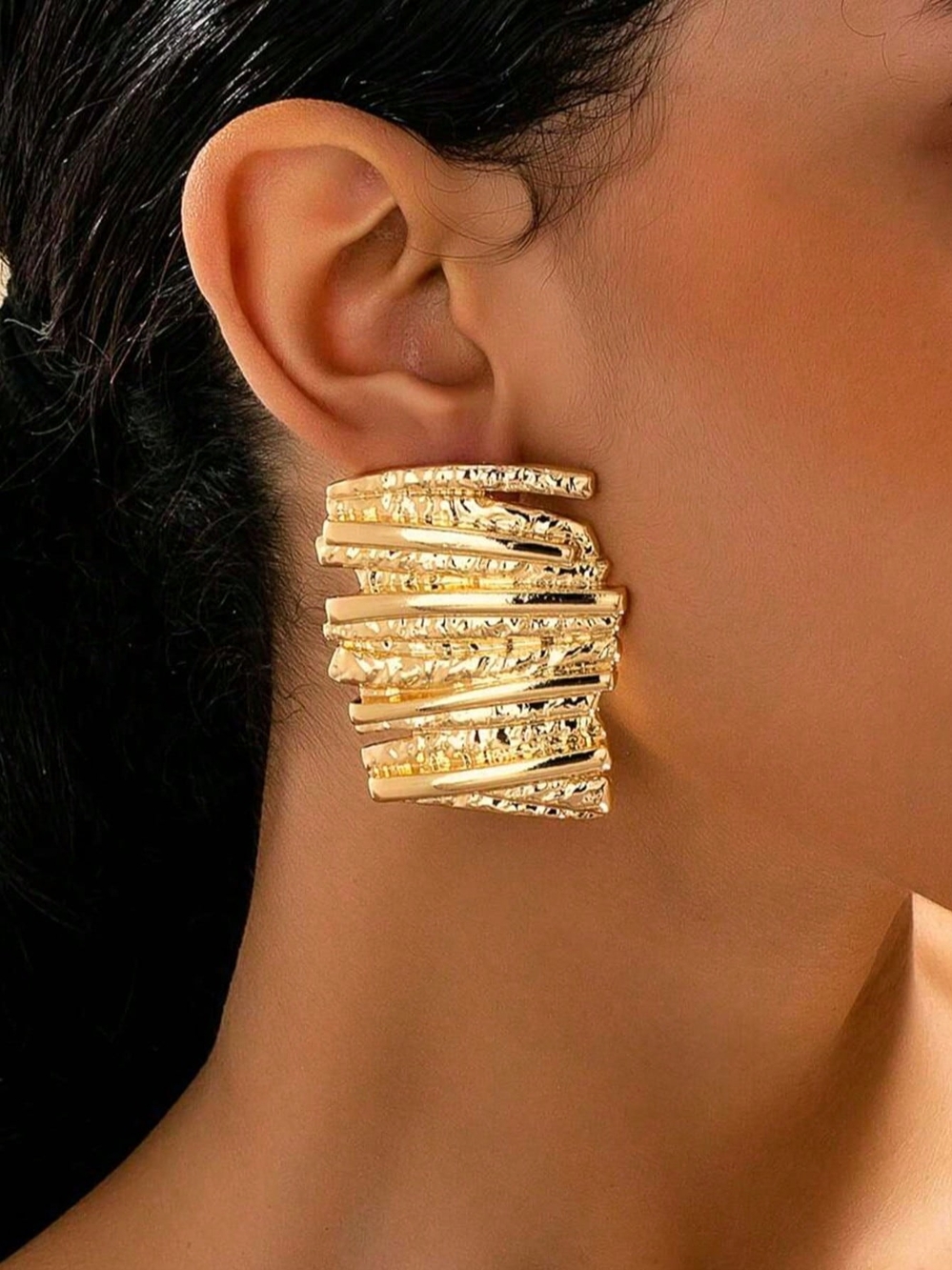 Gold Textured Statement Earrings - Women Jewelry